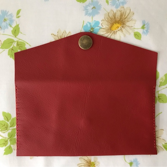Handmade Genuine Leather Red Wallet Clutch with Gold Button - Picture 2 of 5